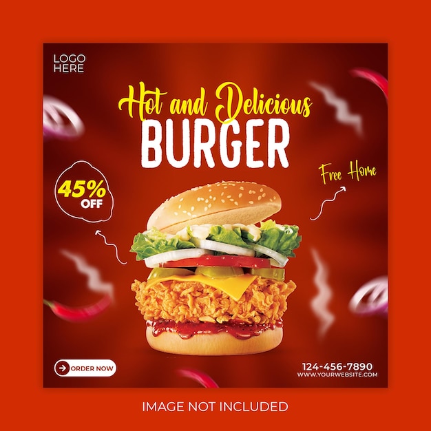 PSD 맛있는 햄버거와 음식 메뉴 소셜 미디어 배너 템플릿