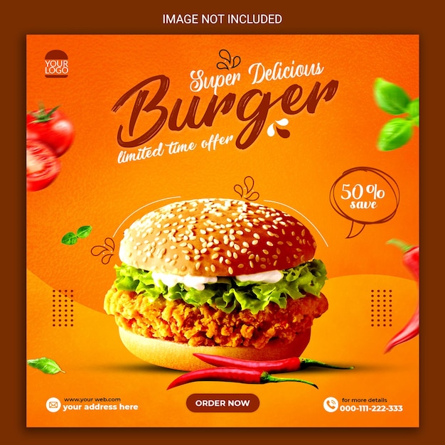 Вкусный бургер и меню еды дизайн поста в социальных сетях