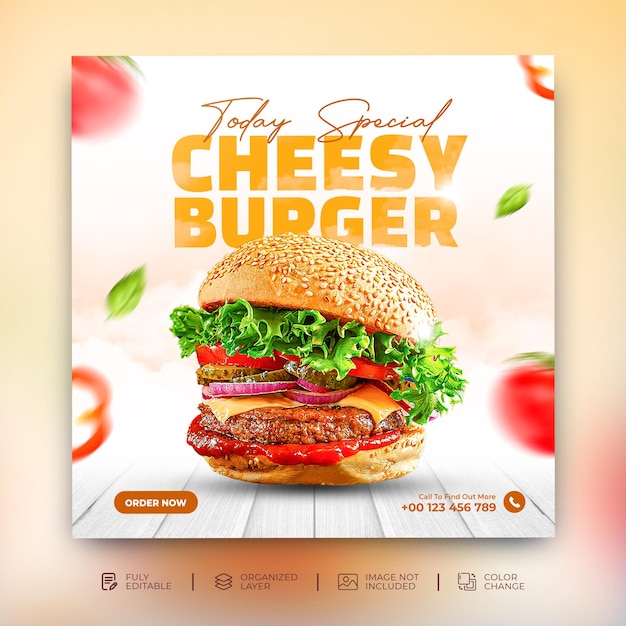 맛있는 햄버거와 음식 메뉴 소셜 미디어 홍보 광장 배너 템플릿 Psd