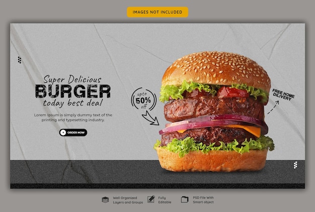 PSD Вкусный гамбургер и еда меню веб-баннер шаблон