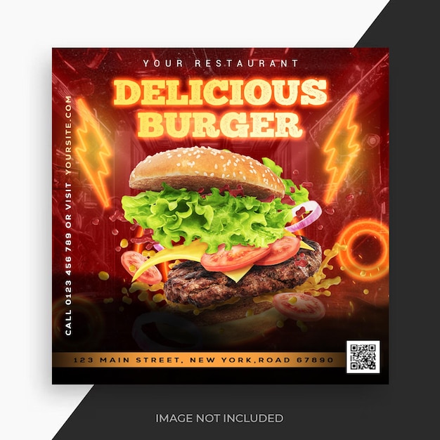 PSD delicious burger en food menu social media banner sjabloon