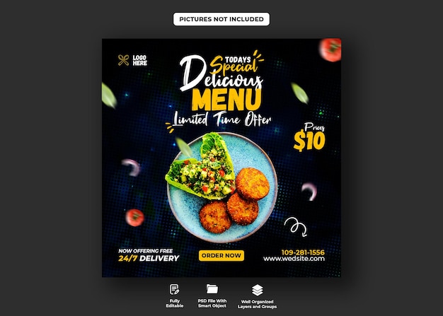 Delicious burger en food menu social media banner sjabloon