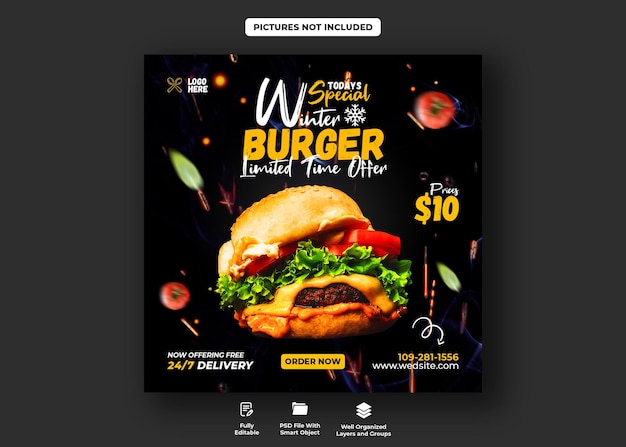 Delicious burger en food menu social media banner sjabloon