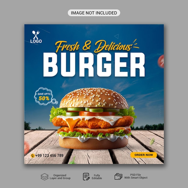 Delicious burger en food menu social media banner sjabloon