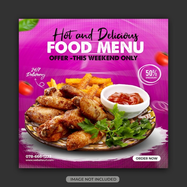 Delicious burger fast food menu and restaurant sale promotion social media banner template