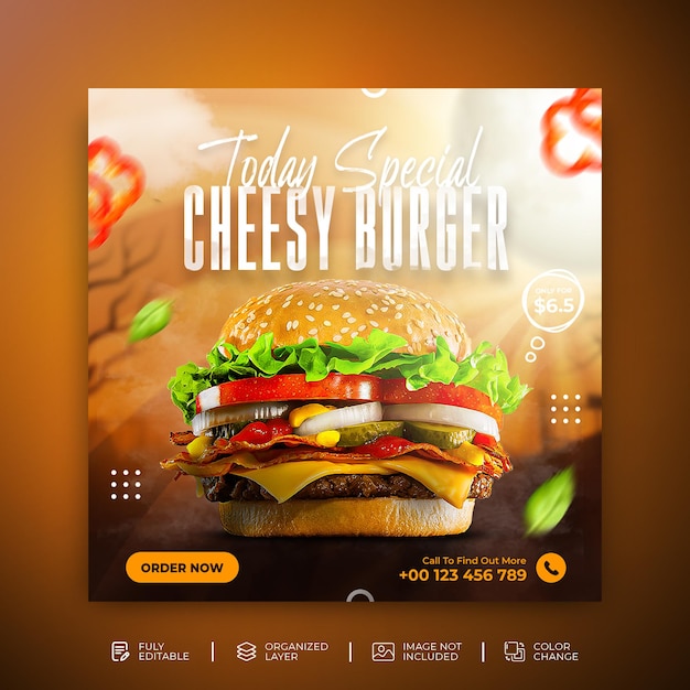 Вкусное меню быстрого питания Burger и баннер ресторана в социальных сетях
