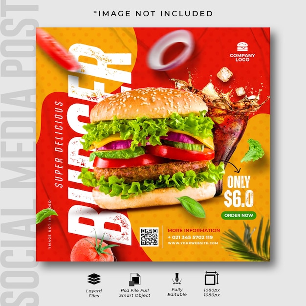 Delicious burger and fast food social media post template