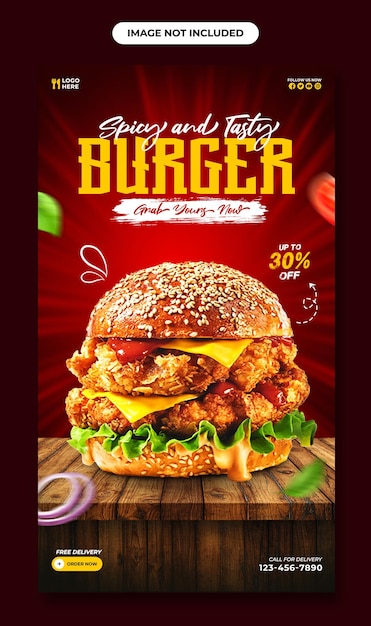 PSD delicious burger fastfood instagram-verhaalsjabloon en flyerontwerp voor sociale media