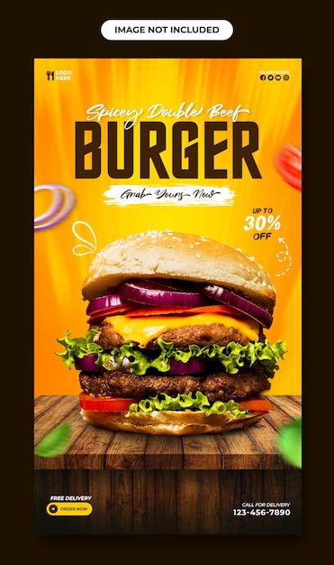 Delicious burger fastfood instagram-verhaalsjabloon en flyerontwerp voor sociale media