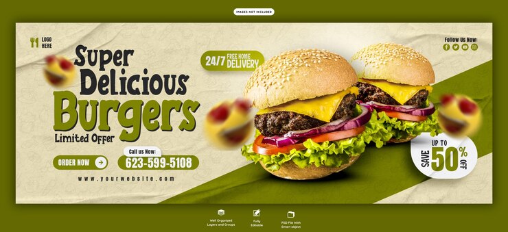 PSD 美味しいハンバーガーと食事メニューのフェイスブックカバーバナーテンプレート