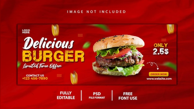 Delizioso hamburger e menu di cibo modello di banner copertina facebook