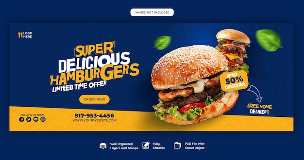 Modello di copertina facebook menu delizioso hamburger e cibo