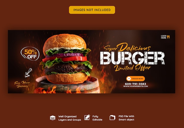 Hamburger delizioso e modello di copertina di facebook per menu di cibo