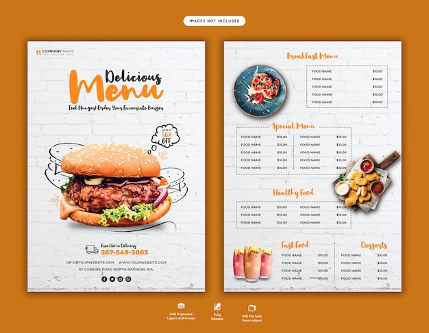Delicious burger and food menu flyer template