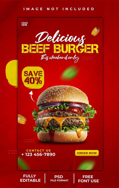 PSD delicious burger and food menu instagram and facebook story post