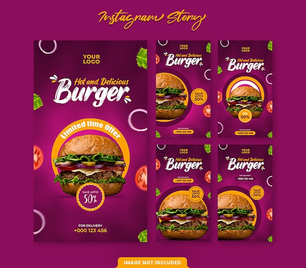 Delicious burger and food menu instagram and facebook story template set