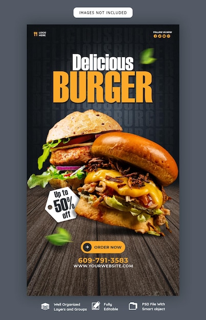 Delicious burger and food menu instagram and facebook story template