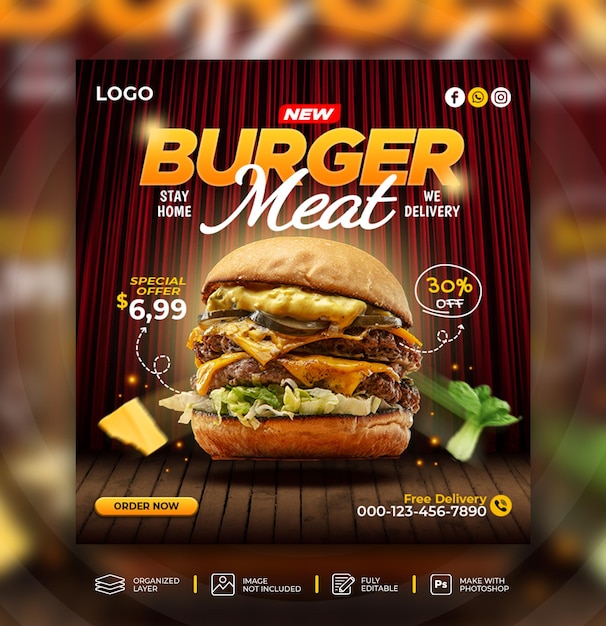 PSD delizioso menu di cibo per hamburger post su instagram. modello di banner quadrato psd.