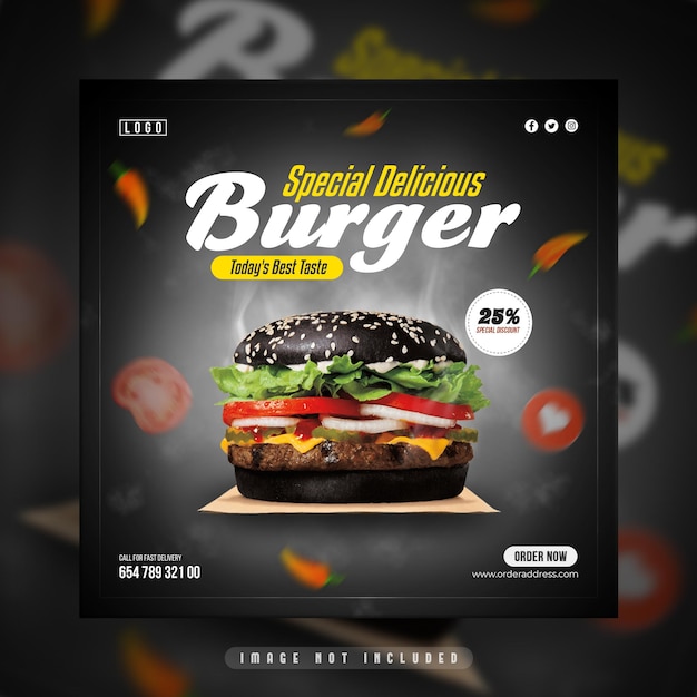 Delicious burger and food menu instagram social media banner