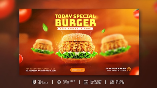 Modello di banner sui social media del volantino di promozione del menu del cibo delizioso hamburger