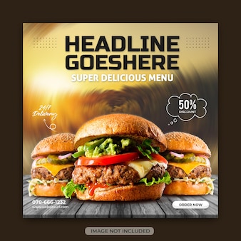 Modello di post social media banner quadrato web banner pubblicitario delizioso menu cibo hamburger