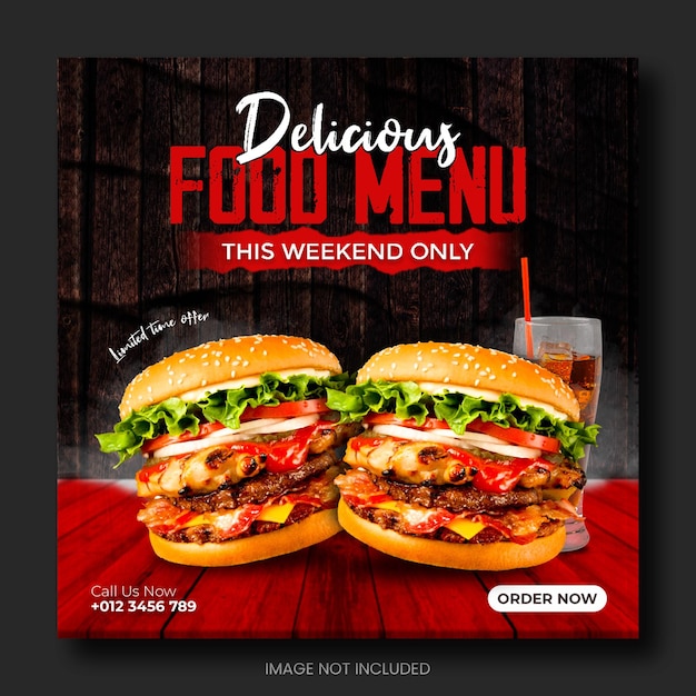 Banner di post di instagram sui social media per la promozione del menu di cibo delizioso burger