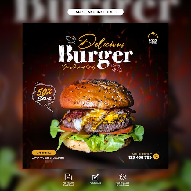 Modello di banner post sui social media per la promozione di deliziosi menu di hamburger e cibo