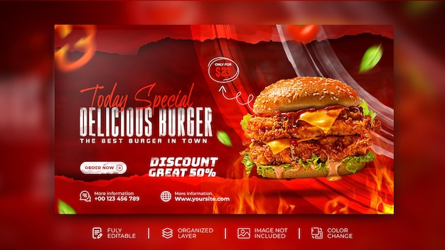 Modello di banner social media ristorante delizioso menu di cibo e hamburger psd gratuite