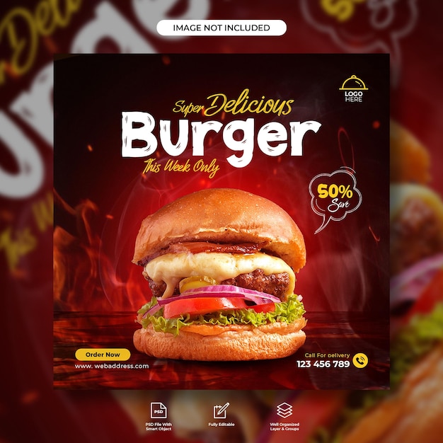 Delizioso hamburger e menu di cibo per i social media banner design template