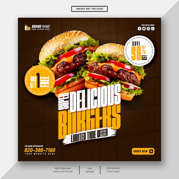 美味しいバーガーとフードメニュー ソーシャルメディアバナーまたはインスタグラムポストテンプレート