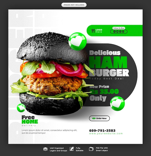 맛있는 햄버거와 음식 메뉴 소셜 미디어 배너 또는 인스타그램 포스트 템플릿