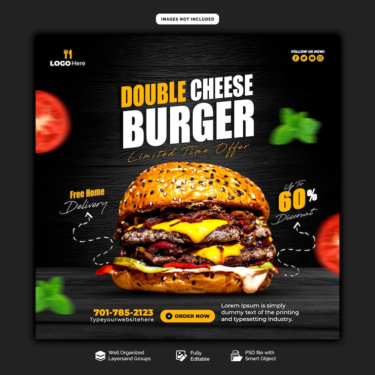 PSD delicious burger and food menu social media banner or instagram post template