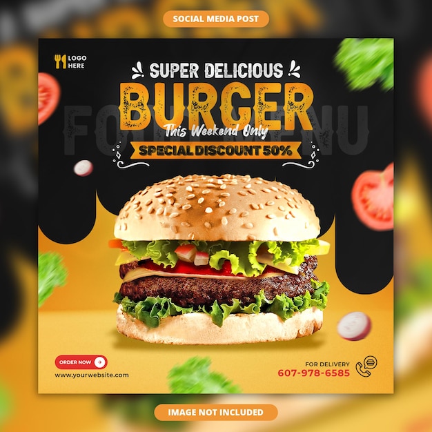 Delizioso hamburger e menu di cibo banner social media modello di post instagram