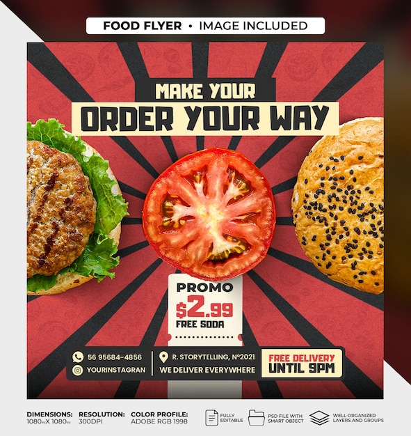 PSD delizioso menu di hamburger e cibo modello di banner per social media instagram e facebook
