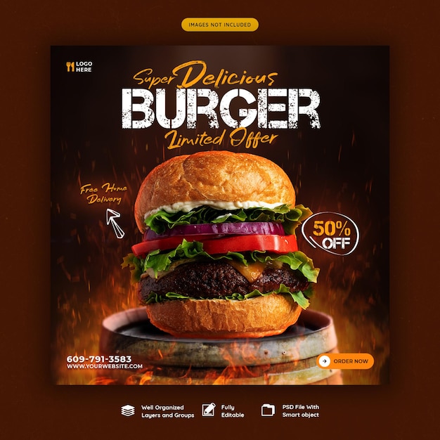 おいしいハンバーガーとフードメニューのソーシャルメディアバナーテンプレート