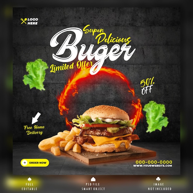 PSD delicious burger and food menu social media banner template