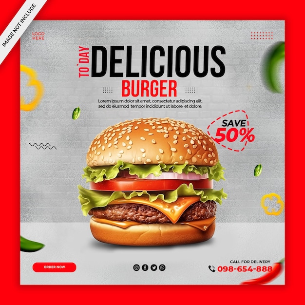 美味しいハンバーガーと食事メニューのソーシャルメディアバナーテンプレート