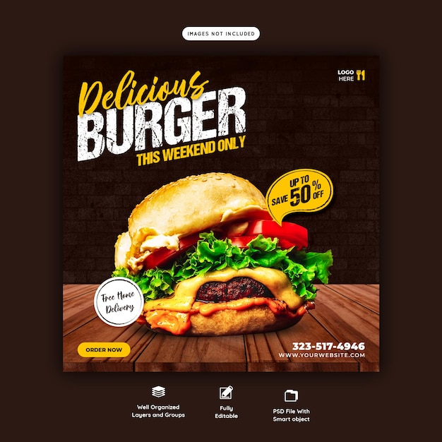 おいしいハンバーガーとフードメニューのソーシャルメディアバナーテンプレート