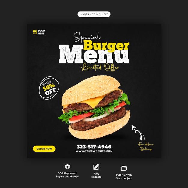 Delicious burger and food menu social media banner template