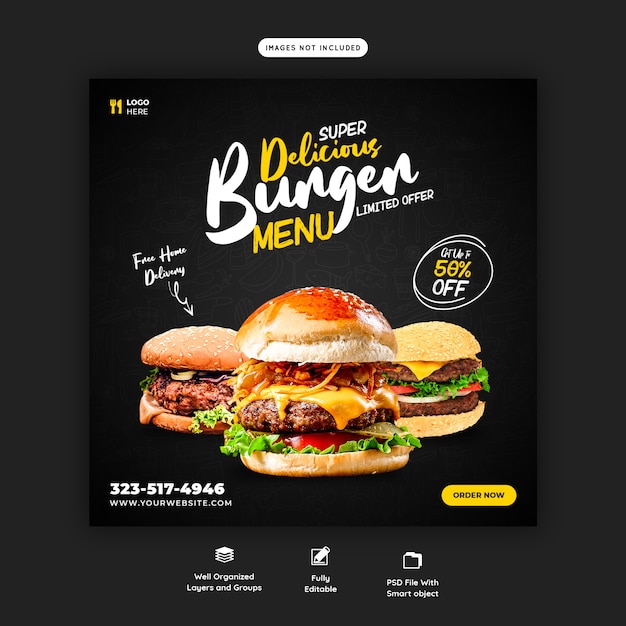 Delicious burger and food menu social media banner template