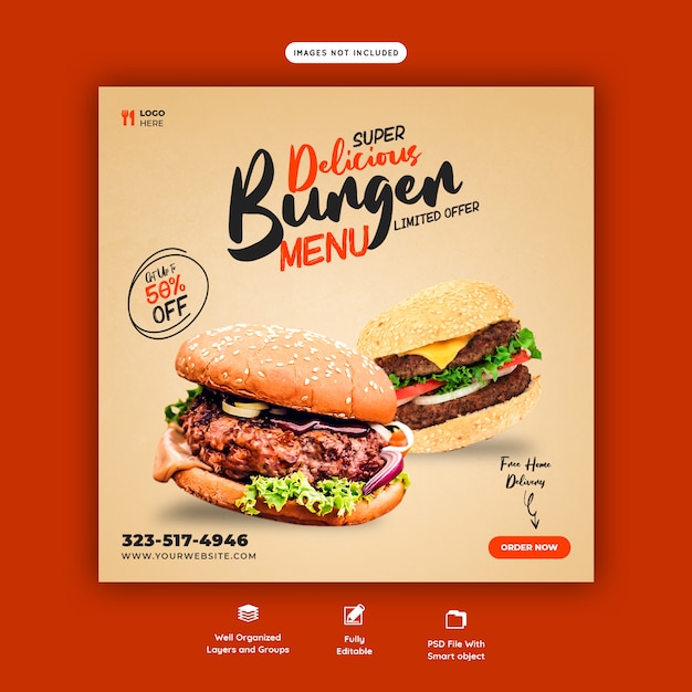 Hamburger delizioso e modello di banner di social media menu cibo