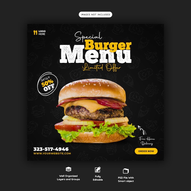 Delicious burger and food menu social media banner template