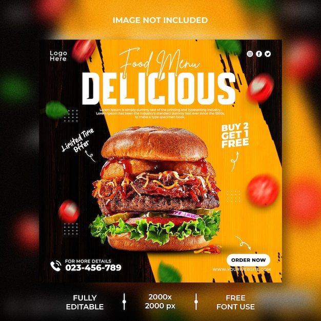 Delicious burger and food menu social media banner template