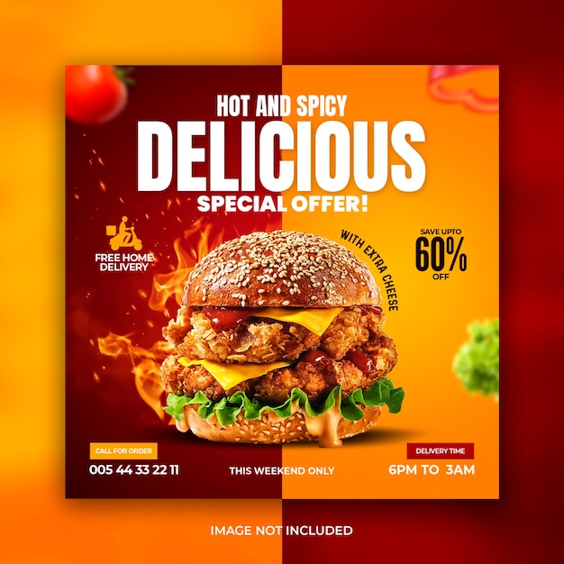 Delizioso modello di banner per social media menu di hamburger e cibo