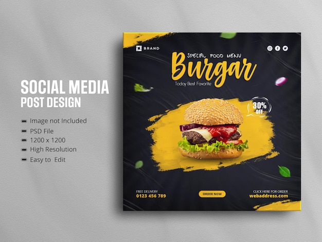 Modello di banner social media menu delizioso hamburger e cibo