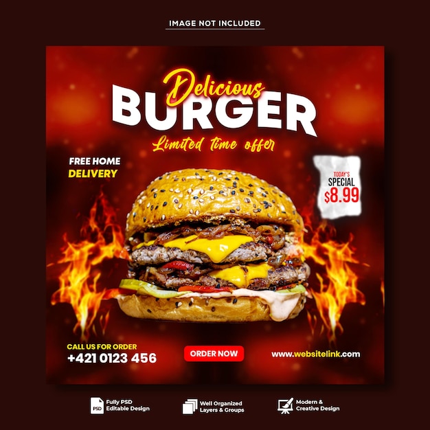 Delicious burger and food menu social media banner template