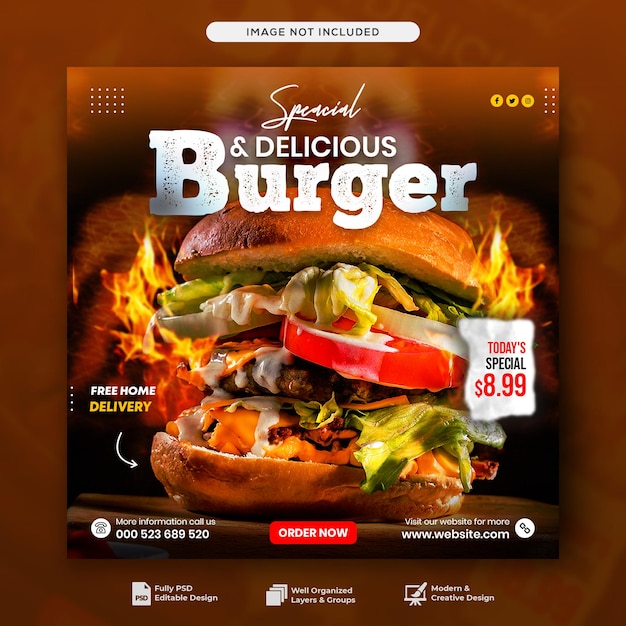 PSD delicious burger and food menu social media banner template