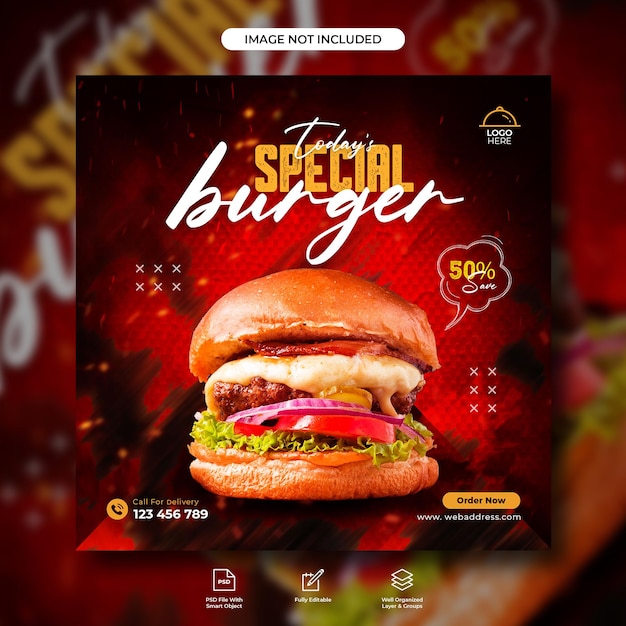 Вкусный меню бургеров и еды шаблон баннера для социальных сетей