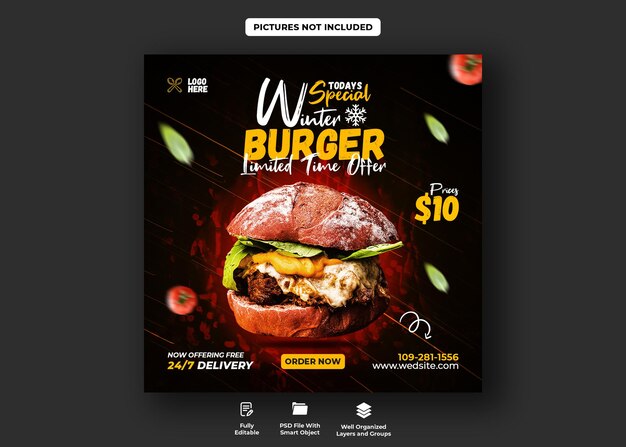 Delizioso menu di hamburger e cibo modello di banner per social media