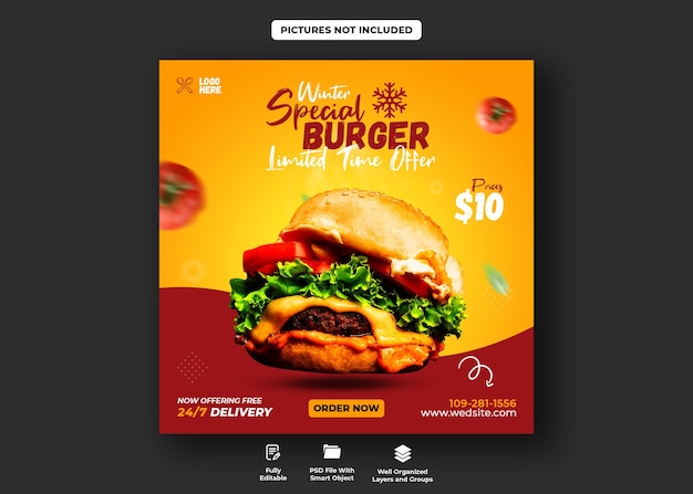 Delizioso menu di hamburger e cibo modello di banner per social media